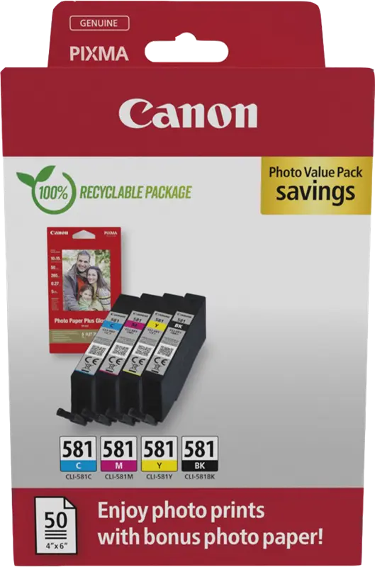 Original Canon CLI-581 Schwarz / Cyan / Magenta / Gelb Value Pack + 10x15 cm Fotopapier 50 Blatt