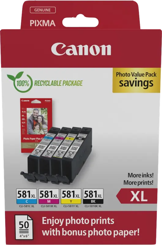 Original Canon CLI-581 XL Schwarz / Cyan / Magenta / Gelb Value Pack + 10x15 cm Fotoglanzpapier Plus II 50 Blatt