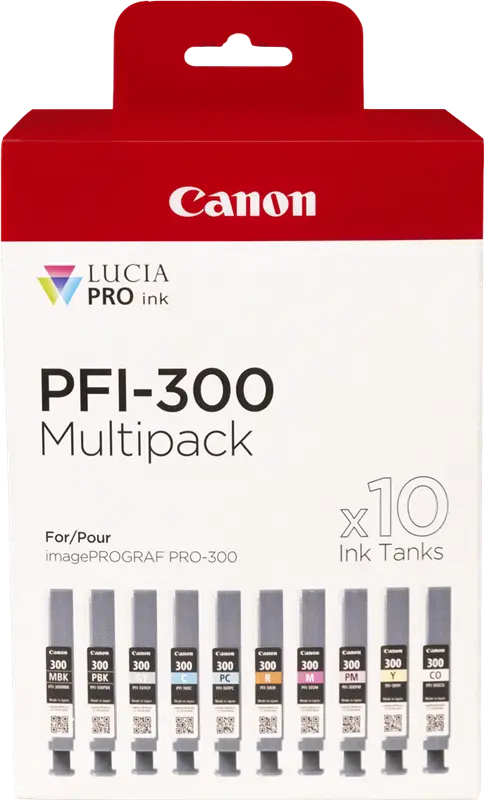 Original Canon PFI-300 10 Tintentanks Multipack Schwarz (Matt) / Schwarz (Foto) / Cyan / Magenta / Gelb / Cyan / Magenta / Rot / Grau / Transparent