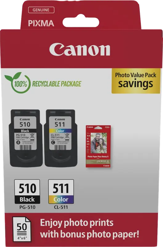 Original Canon PG-510+CL-511 Schwarz / mehrere Farben / Weiss Value Pack + 10x15 cm Fotopapier 50 Blatt