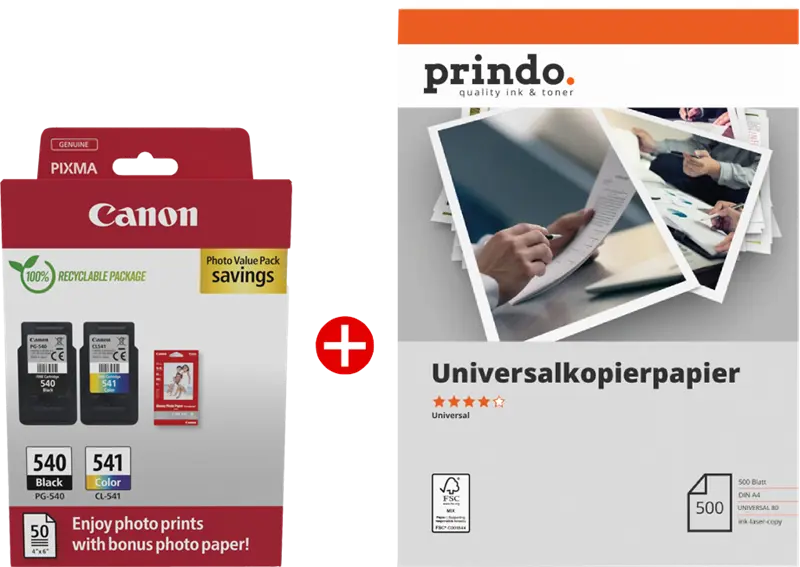 Original Canon PG-540+CL-541 MCVP Schwarz / mehrere Farben / Weiss / Weiss Value Pack + Prindo Universal Papier 500 Blatt