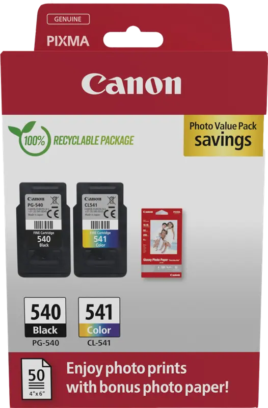Original Canon PG-540+CL-541 Schwarz / mehrere Farben / Weiss Value Pack + 10x15 cm Fotopapier 50 Blatt