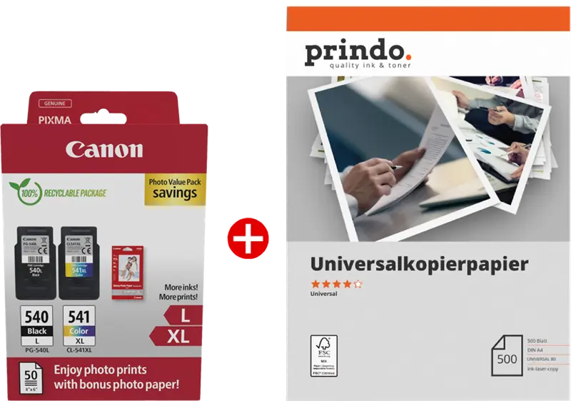 Original Canon PG-540L+CL-541XL MCVP Schwarz / mehrere Farben / Weiss Value Pack + Prindo Universal Papier 500 Blatt