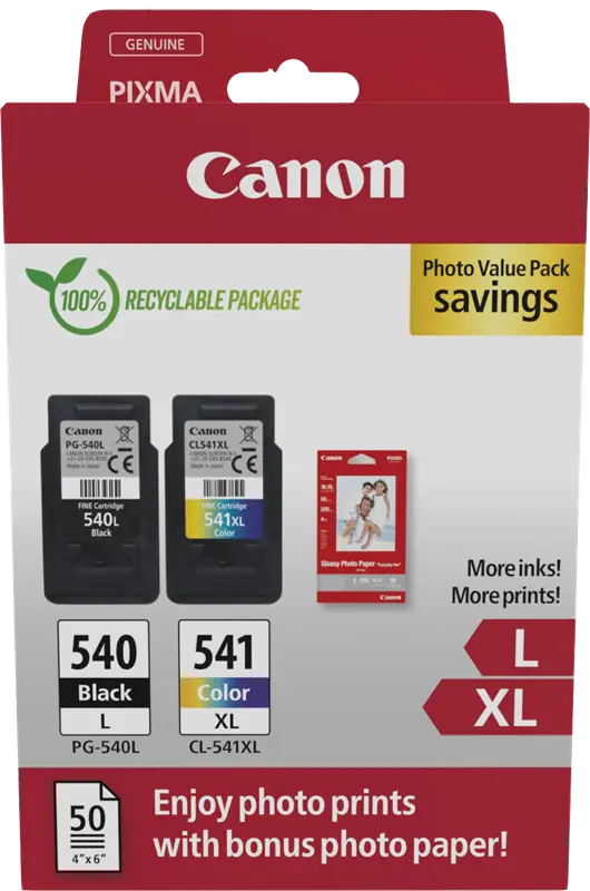 Original Canon PG-540L+CL-541XL Schwarz / mehrere Farben Value Pack + 10x15 cm Fotopapier 50 Blatt