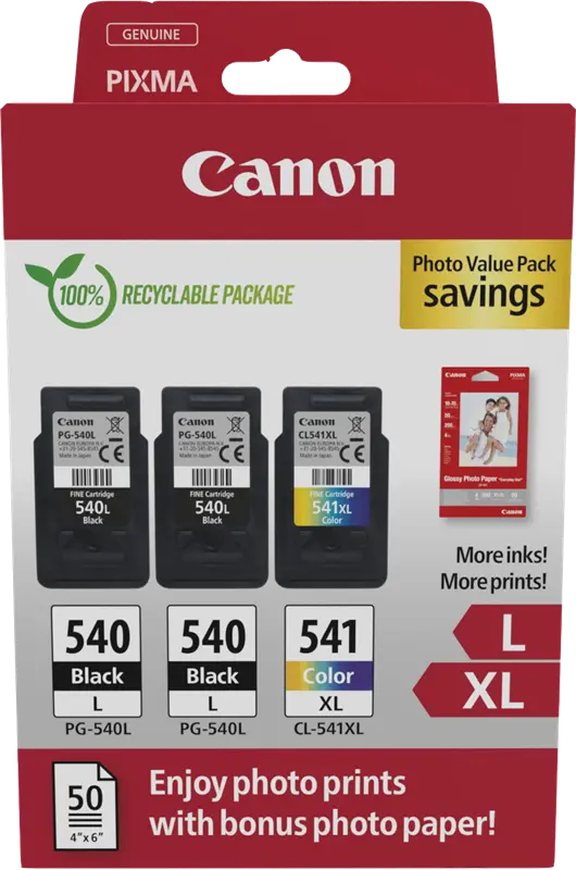 Original Canon PG-540L+CL-541XL Schwarz / mehrere Farben / Weiss Value Pack + 10x15 cm Fotopapier 50 Blatt