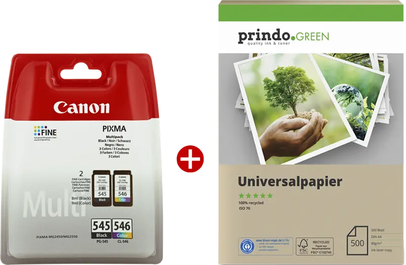 Original Canon PG-545+CL-546 MCVP Schwarz / mehrere Farben Value Pack + Prindo Green Recyclingpapier 500 Blatt