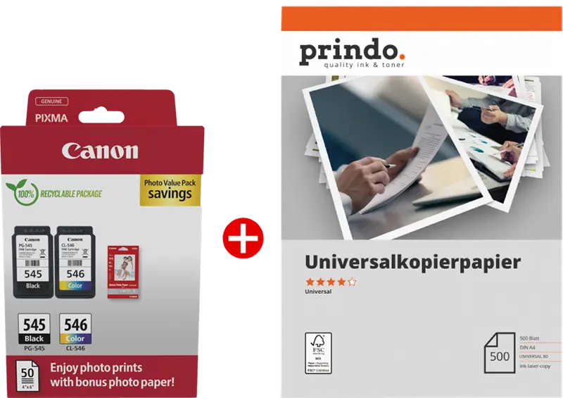 Original Canon PG-545+CL-546 MCVP Schwarz / mehrere Farben / Weiss / Weiss Value Pack + Prindo Universal Papier 500 Blatt