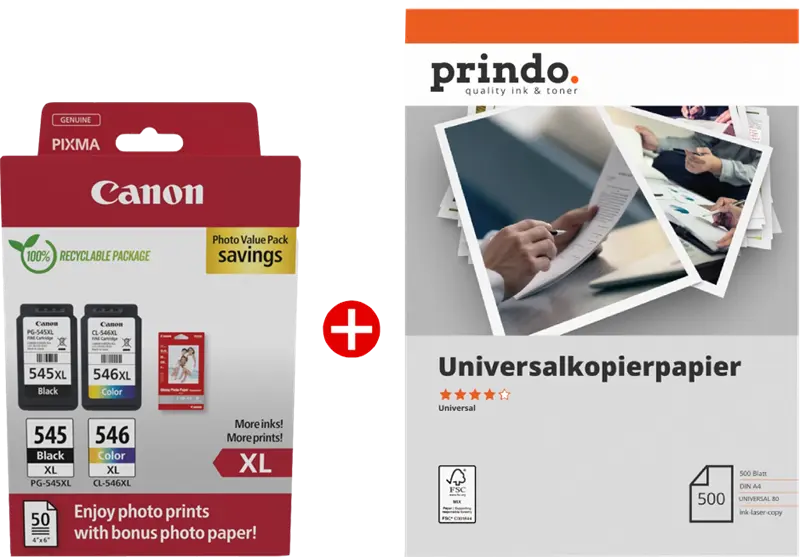 Original Canon PG-545XL + CL-546XL MCVP Schwarz / mehrere Farben / Weiss Value Pack + Prindo Universal Papier 500 Blatt