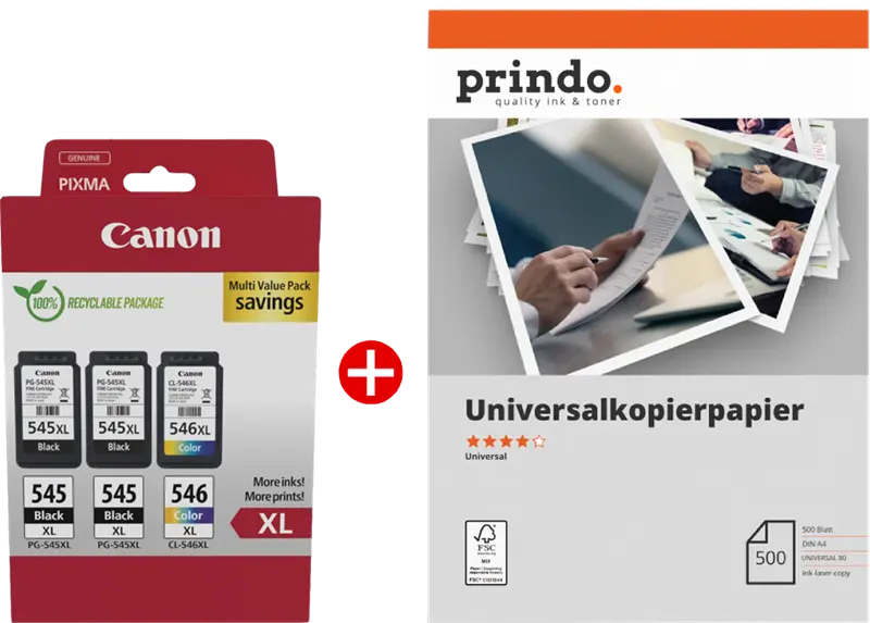 Original Canon PG-545XL+CL-546XL MCVP Schwarz / mehrere Farben / Weiss Value Pack + Prindo Universal Papier 500 Blatt