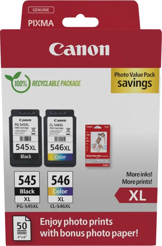 Original Canon PG-545XL + CL-546XL Schwarz / mehrere Farben Value Pack + 10x15 cm Fotopapier 50 Blatt