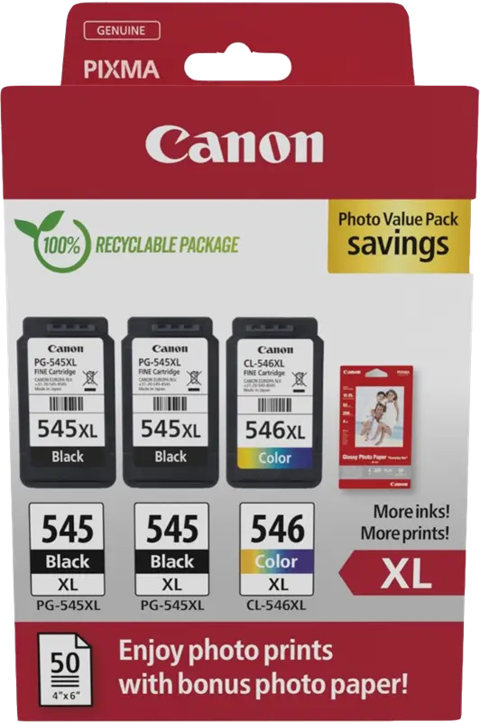 Original Canon PG-545XL+CL-546XL Schwarz / mehrere Farben / Weiss Value Pack + 10x15 cm Fotopapier 50 Blatt