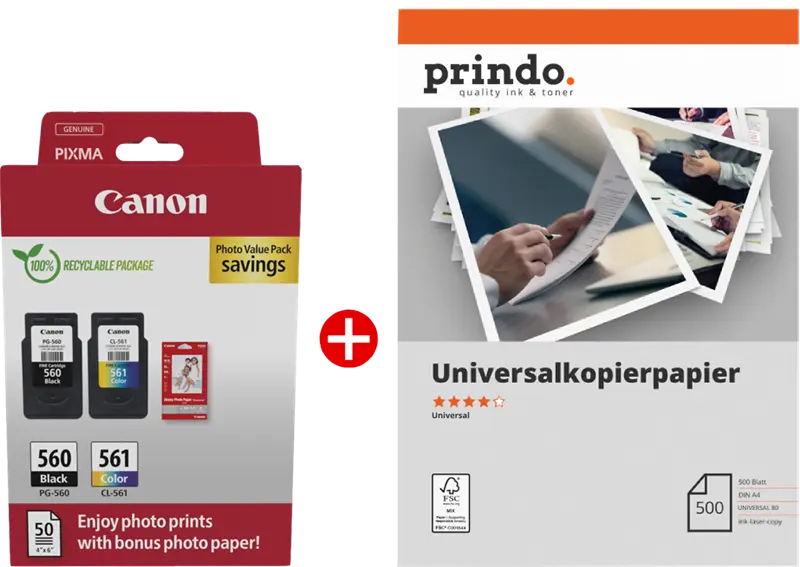 Original Canon PG-560+CL-561 MCVP Schwarz / mehrere Farben / Weiss / Weiss Value Pack + Prindo Universal Papier 500 Blatt