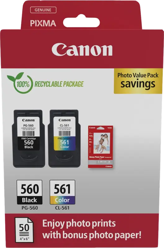 Original Canon PG-560+CL-561 Schwarz / mehrere Farben / Weiss Value Pack + 10x15 cm Fotopapier 50 Blatt