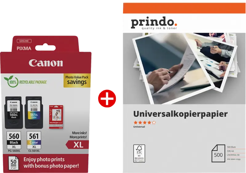 Original Canon PG-560XL+CL-561XL MCVP Schwarz / mehrere Farben / Weiss Value Pack + Prindo Universal Papier 500 Blatt