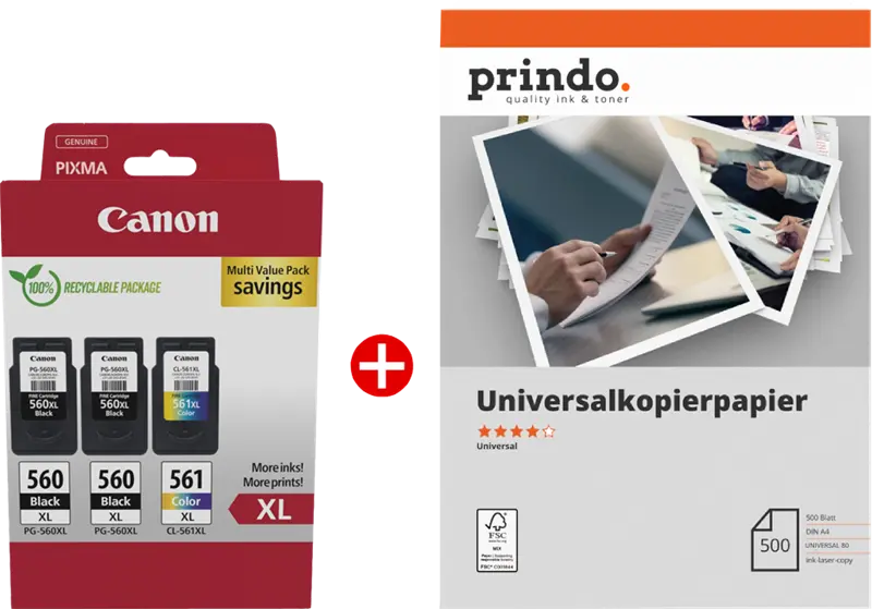 Original Canon PG-560XL+CL-561XL MCVP Schwarz / mehrere Farben / Weiss Value Pack + Prindo Universal Papier 500 Blatt