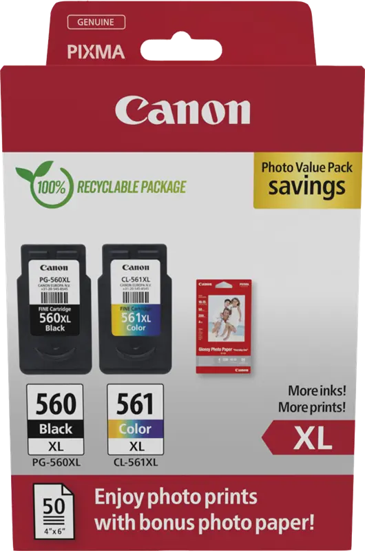 Original Canon PG-560XL+CL-561XL Schwarz / mehrere Farben Value Pack + 10x15 cm Fotopapier 50 Blatt