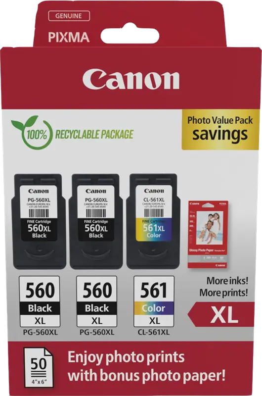 Original Canon PG-560XL+CL-561XL Schwarz / mehrere Farben / Weiss Value Pack + 10x15 cm Fotopapier 50 Blatt