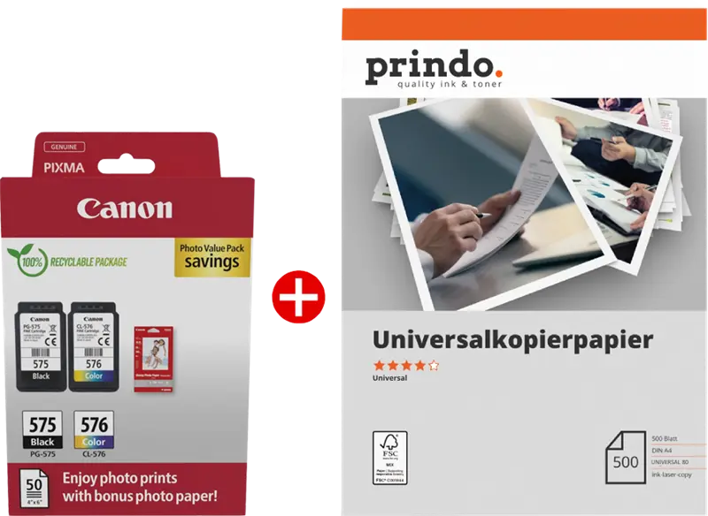 Original Canon PG-575+CL-576 MCVP Schwarz / mehrere Farben / Weiss / Weiss Value Pack + Prindo Universal Papier 500 Blatt