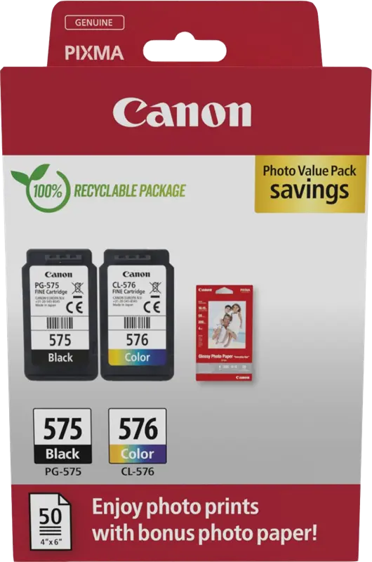 Original Canon PG-575+CL-576 Schwarz / mehrere Farben / Weiss Value Pack + 10x15 cm Fotopapier 50 Blatt