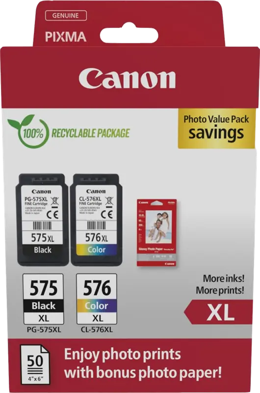 Original Canon PG-575XL+CL-576XL Schwarz / mehrere Farben / Weiss Value Pack + 10x15 cm Fotopapier 50 Blatt