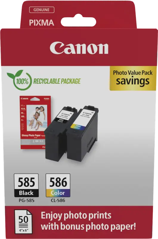 Original Canon PG-585+CL586 Schwarz / Cyan / Magenta / Gelb Value Pack + 10x15 cm Fotopapier 50 Blatt