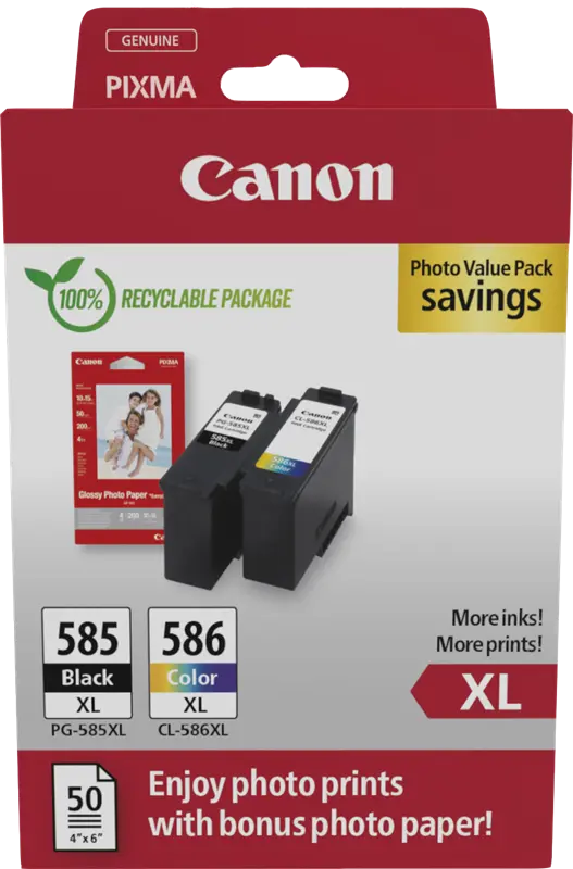 Original Canon PG-585XL+CL-586XL Schwarz / Cyan / Magenta / Gelb Value Pack + 10x15 cm Fotopapier 50 Blatt