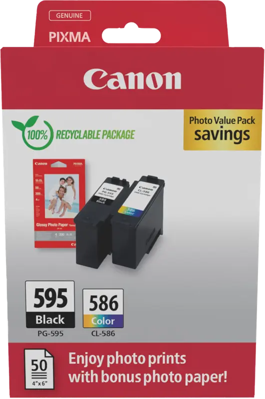 Original Canon PG-595+CL-586 Schwarz / mehrere Farben / Weiss Value Pack + Fotopapier 50 Blatt 10x 15 cm