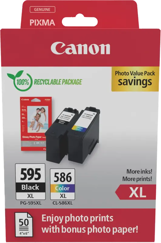 Original Canon PG-595XL+CL-586XL Schwarz / mehrere Farben / Weiss Value Pack + Fotopapier 50 Blatt 10x 15 cm