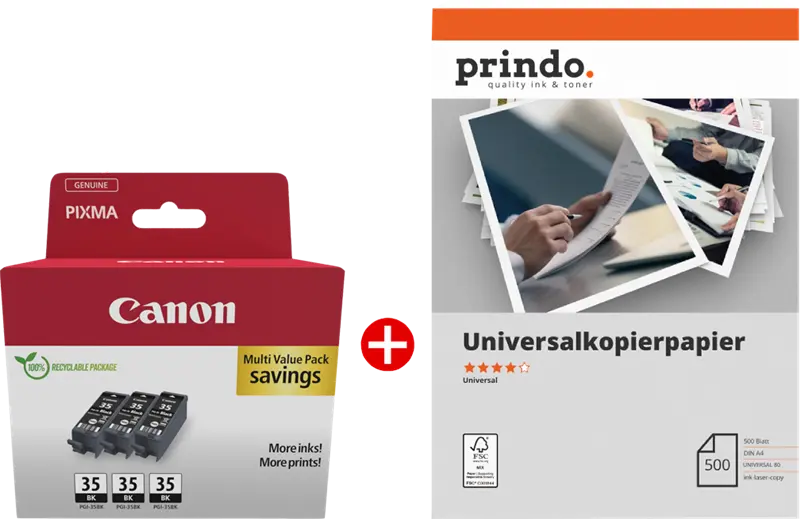 Original Canon PGI-35BK 3er MCVP Schwarz / Weiss Value Pack + Prindo Universal Papier 500 Blatt