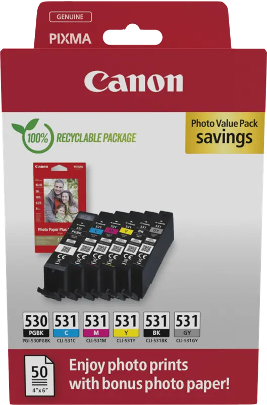 Original Canon PGI-530+CLI-531 Schwarz / Cyan / Magenta / Gelb / Grau Value Pack + 10x15 cm Fotopapier 50 Blatt