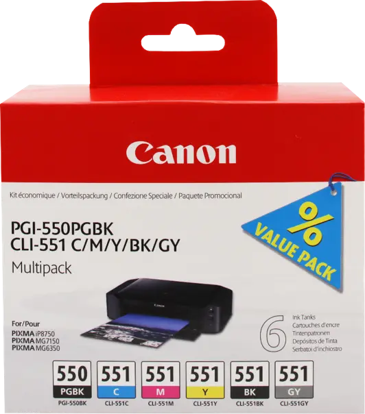 Original Canon PGI-550+CLI-551 Multipack Schwarz / Cyan / Magenta / Gelb / Grau