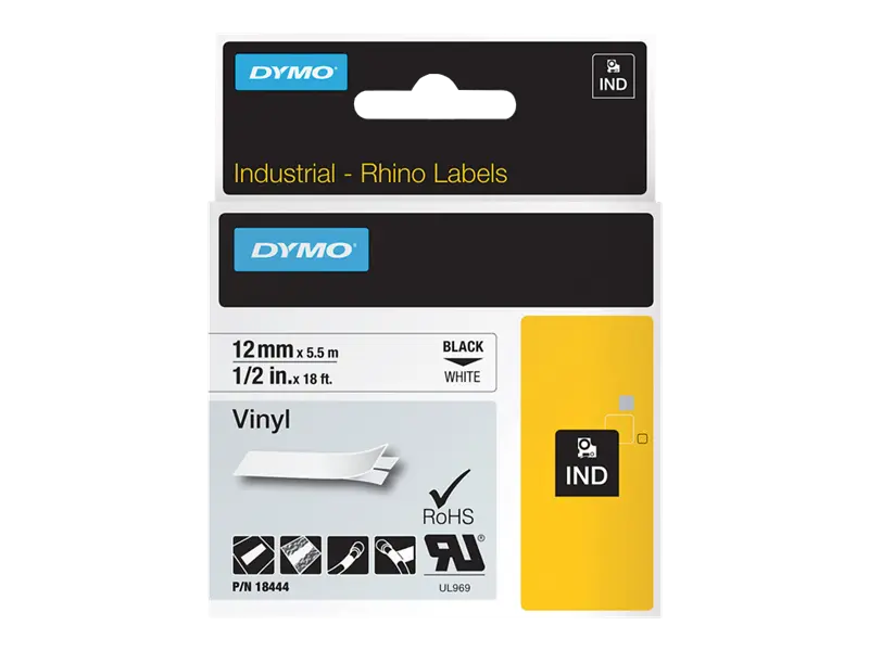 Original DYMO 18444 Vinyl-Band Rhino IND 12mm x 5,5m Schriftband Schwarz auf Weiß