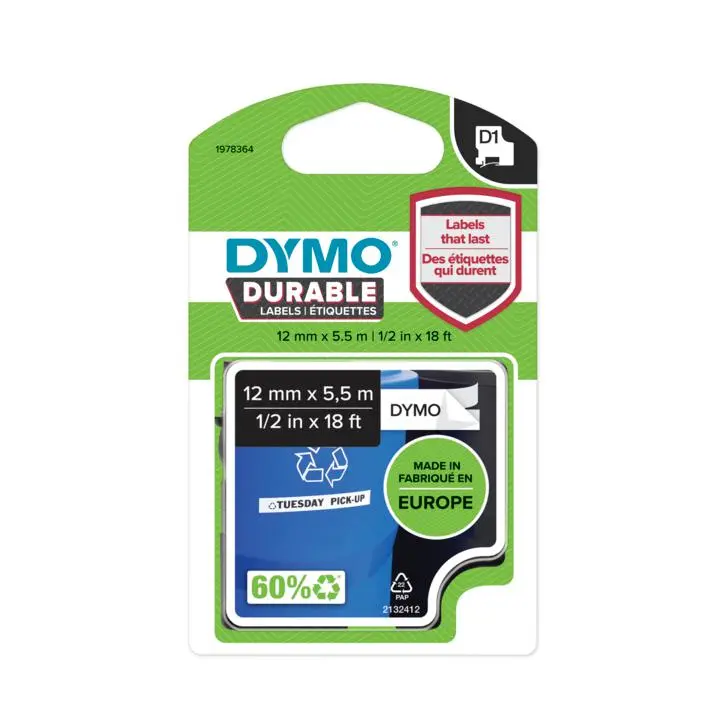 Original DYMO 1978364 D1 Vinylband 12mm x 5,5m Schriftband Schwarz auf Weiß