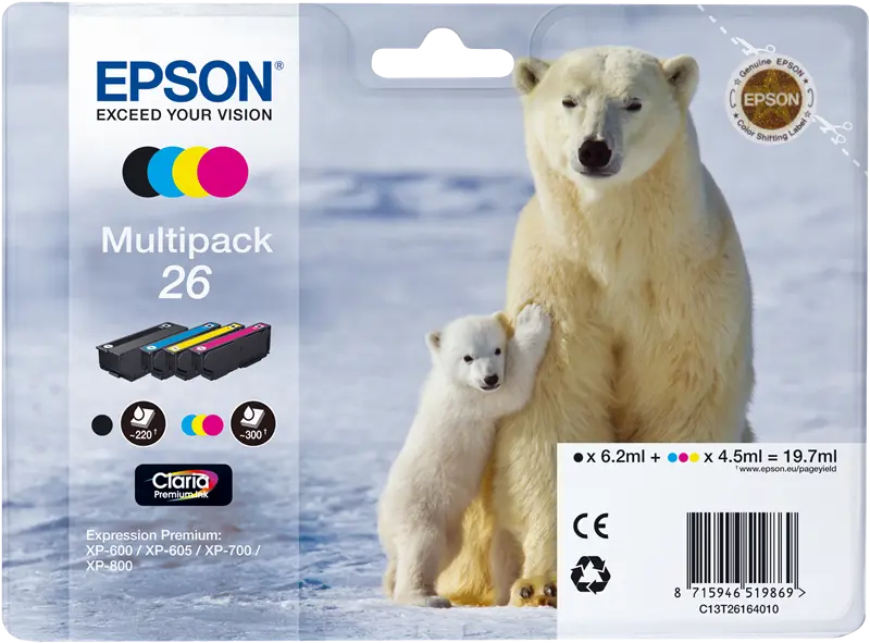 Original Epson 26 Multipack Schwarz / Cyan / Magenta / Gelb