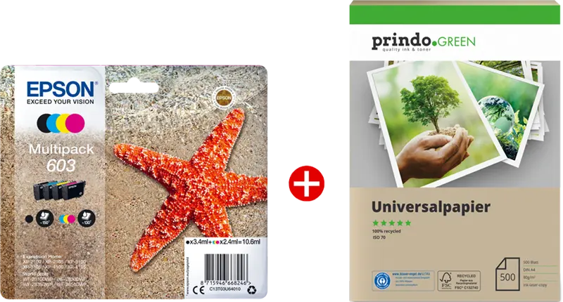 Original Epson 603 MCVP 01 Schwarz / Cyan / Magenta / Gelb Value Pack + Prindo Green Recyclingpapier 500 Blatt