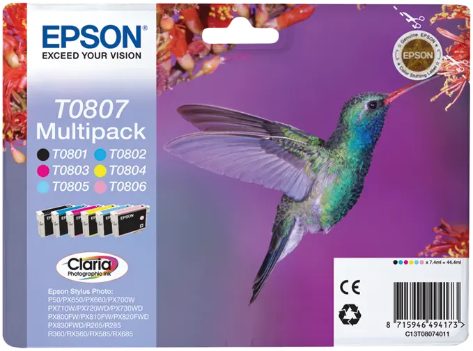 Original Epson T0807 Multipack Schwarz / Cyan / Magenta / Gelb / Cyan (hell) / Pink (hell)