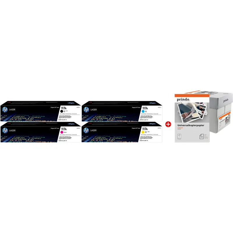 Original HP + Prindo Universal Papier 2500 Blatt Schwarz / Cyan / Magenta / Gelb / Weiss Value Pack 117A MCVP 02