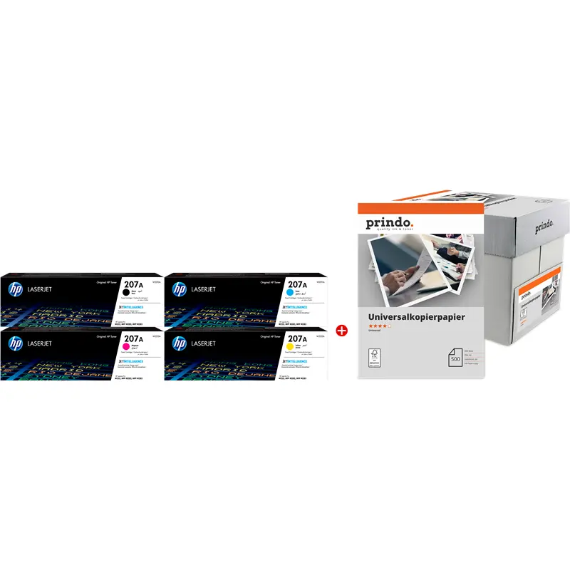Original HP + Prindo Universal Papier 2500 Blatt Schwarz / Cyan / Magenta / Gelb / Weiss Value Pack 207A MCVP 01