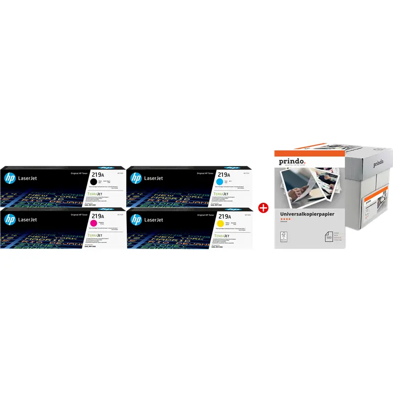 Original HP + Prindo Universal Papier 2500 Blatt Schwarz / Cyan / Magenta / Gelb / Weiss Value Pack 219A MCVP