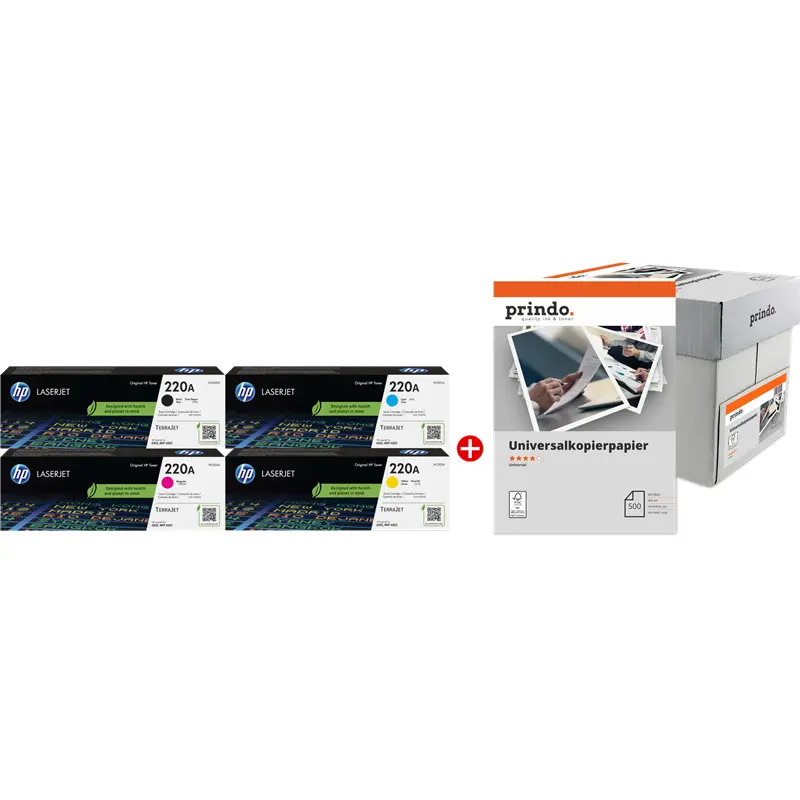 Original HP + Prindo Universal Papier 2500 Blatt Schwarz / Cyan / Magenta / Gelb / Weiss Value Pack 220A MCVP