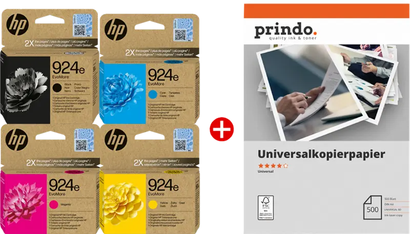 Original HP + Prindo Universal Papier 500 Blatt Schwarz / Cyan / Magenta / Gelb / Weiss Value Pack 924e MCVP
