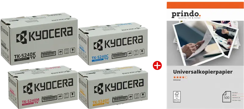 Original Kyocera TK-5240 MCVP 02 Schwarz / Cyan / Magenta / Gelb Value Pack + Prindo Universal Papier 500 Blatt