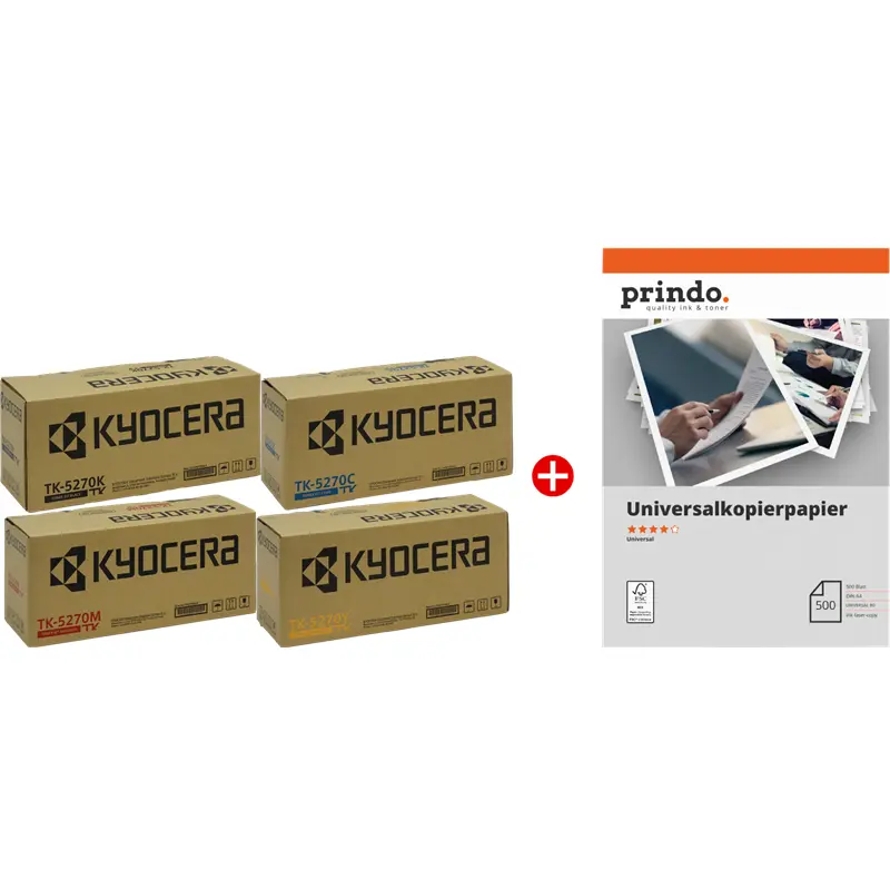 Original Kyocera TK-5270 MCVP 01 Schwarz / Cyan / Magenta / Gelb Value Pack + Prindo Universal Papier 500 Blatt