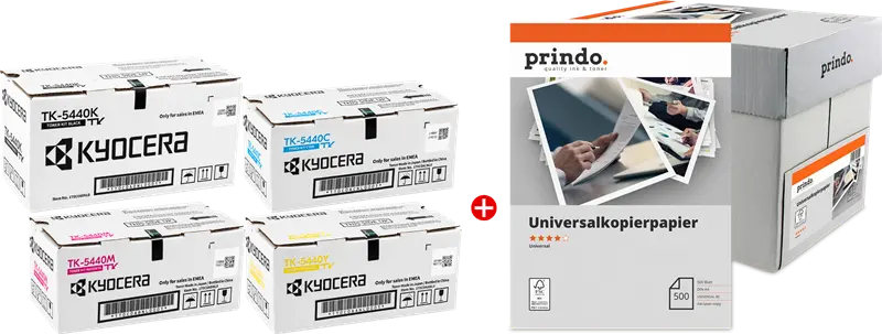 Original Kyocera TK-5440 MCVP Schwarz / Cyan / Magenta / Gelb / Weiss Value Pack + Prindo Universal Papier 2500 Blatt