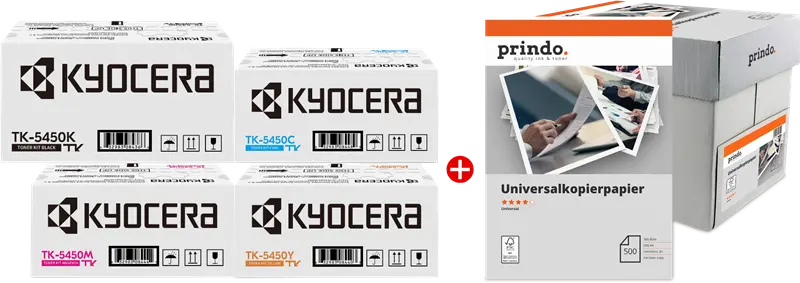 Original Kyocera TK-5450 MCVP Schwarz / Cyan / Magenta / Gelb / Weiss Value Pack + Prindo Universal Papier 2500 Blatt