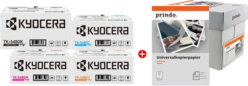 Original Kyocera TK-5480 MCVP Schwarz / Cyan / Magenta / Gelb / Weiss Value Pack + Prindo Universal Papier 2500 Blatt