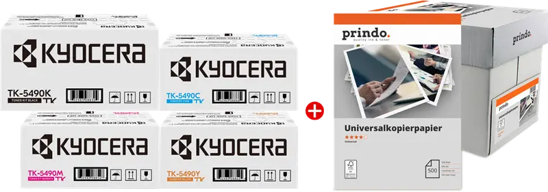 Original Kyocera TK-5490 MCVP Schwarz / Cyan / Magenta / Gelb / Weiss Value Pack + Prindo Universal Papier 2500 Blatt