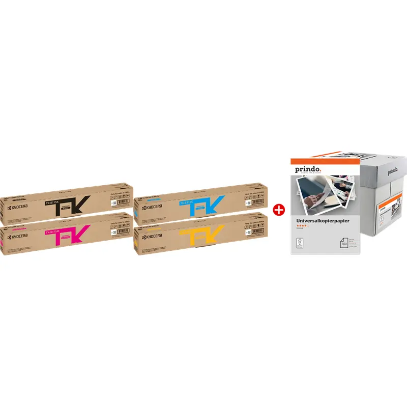 Original Kyocera TK-8115 MCVP 01 Schwarz / Cyan / Magenta / Gelb / Weiss Value Pack + Prindo Universal Papier 2500 Blatt