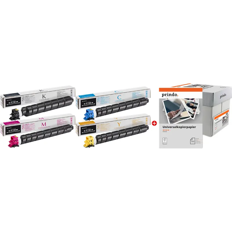 Original Kyocera TK-8345 MCVP 01 Schwarz / Cyan / Magenta / Gelb / Weiss Value Pack + Prindo Universal Papier 2500 Blatt