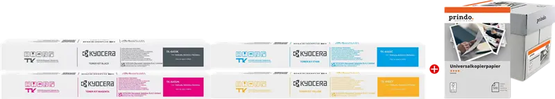 Original Kyocera TK-8455 MCVP Schwarz / Cyan / Magenta / Gelb / Weiss Value Pack + Prindo Universal Papier 2500 Blatt